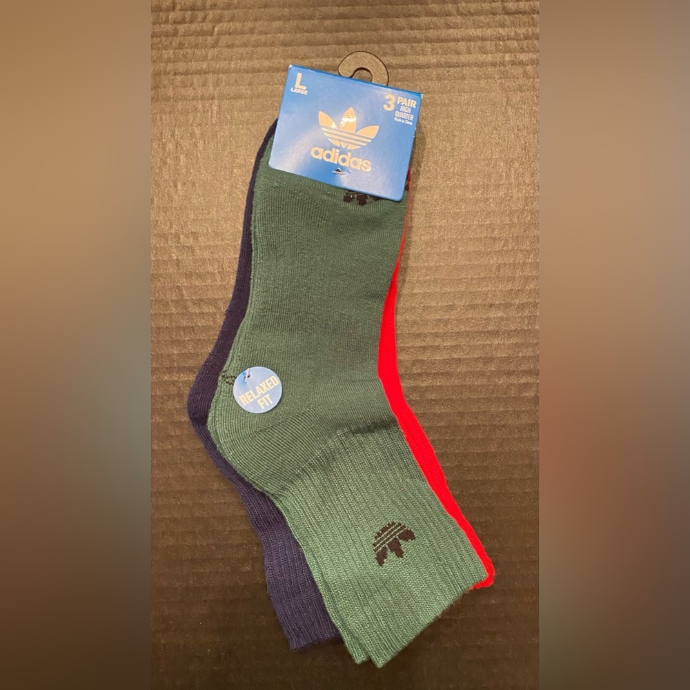 Adidas 3 Pack High Quarter Socks Men's Size Large (8-12) Green Blue Red
